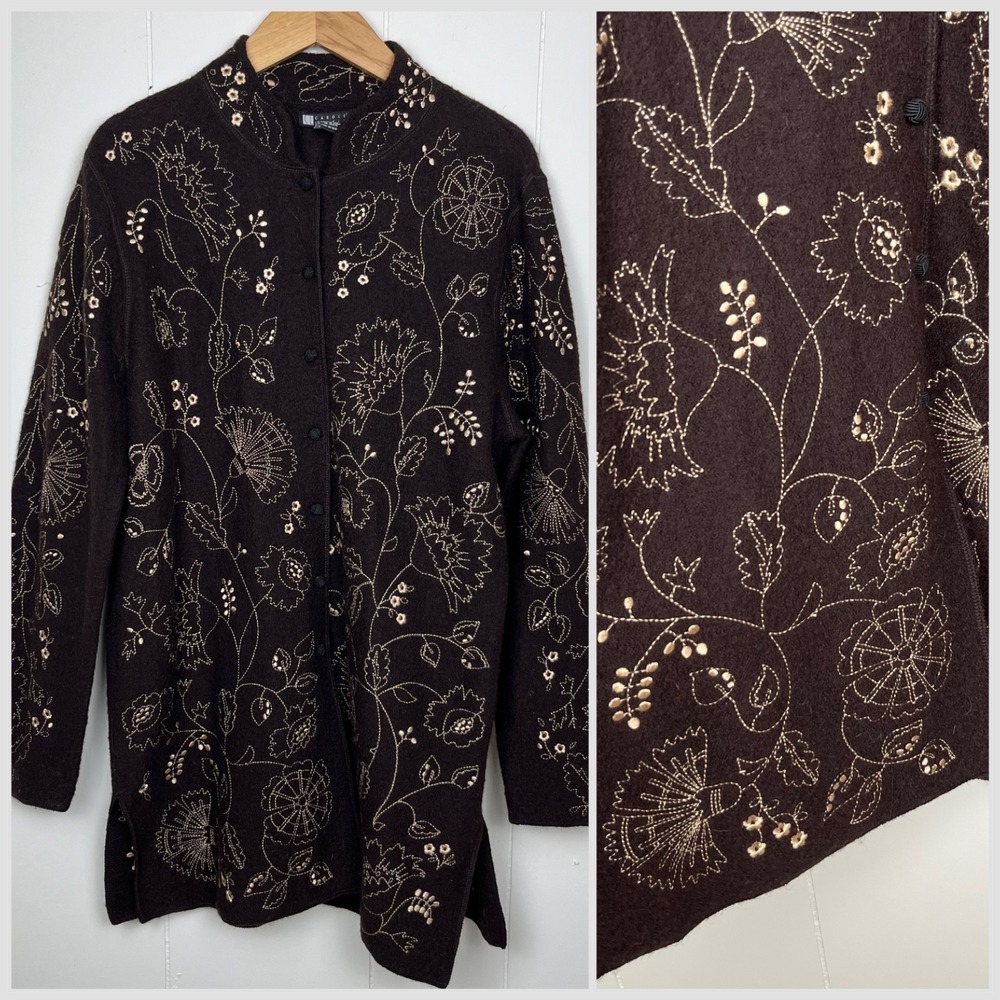 Vintage Carol Little 100% Wool Embroidered Floral Cardigan Jacket Brown Sz L 90s